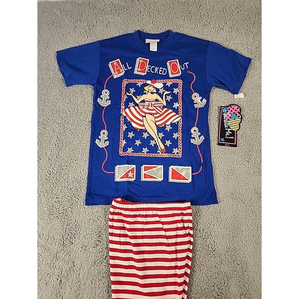 Vintage Tickle Me New York Girls Pajama Set Blue Nautical Pinup Red White Stripe - Picture 1 of 13